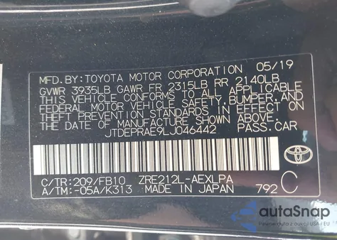 2020 Toyota Corolla Le z USA, uszkodzony, nr VIN JTDEPRAE9LJ046442